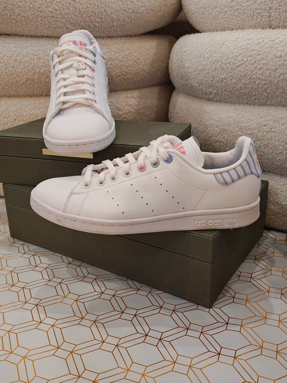 adidas White Sneakers with Pastel Stripe Heel and Eyelets